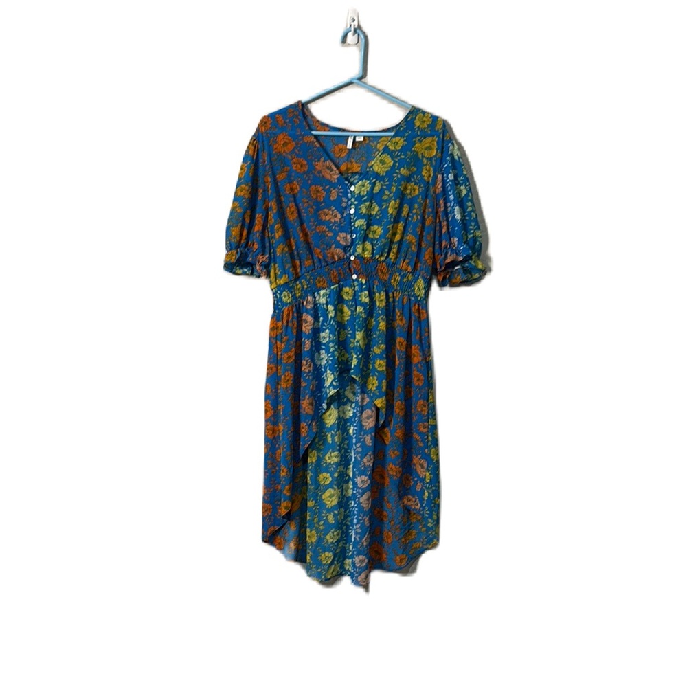 Cato Blue and Orange Puff Sleeve Floral Smocked Sundress Tunic Top 18/20